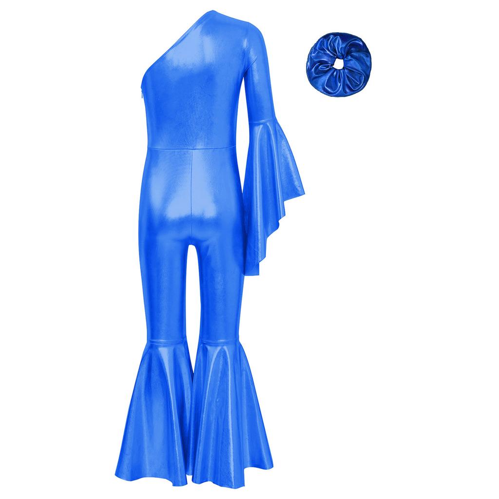Girls Performance Jumpsuit Metallic Bell Bottom Design One Shoulder Flare Sleeve Bodysuit Hair Accessory