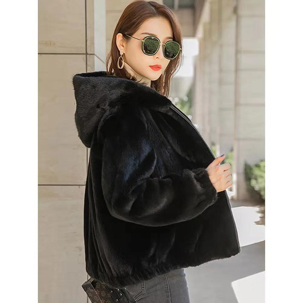 WTEMPO Solid Color Windproof Cold-proof Hooded Zipper Coats Women's Casual Versatile Faux Fur Plush Jackets