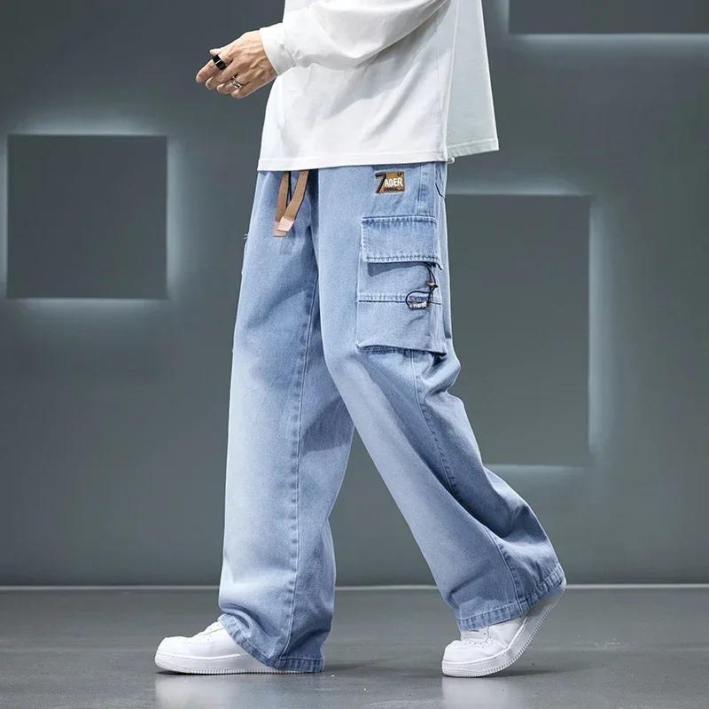 Jeans Wide Leg Washing Pants Men Trousers Neutral Solid Color Loose Casual Korean Fashion Pocket Cargo Pant