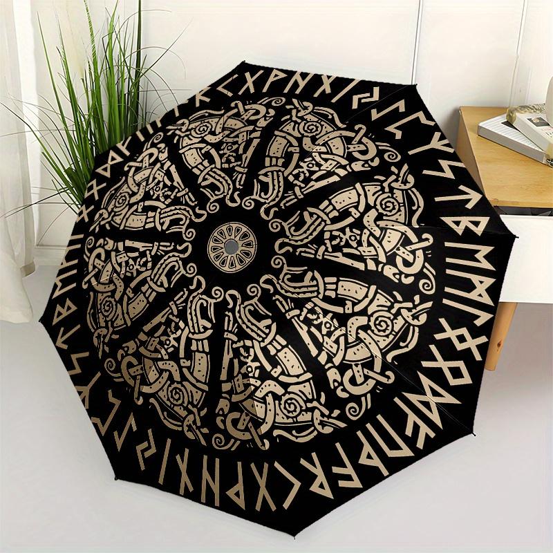 

Viking Runes Circular Wall Art Decor, Norse Mythology Poster for Home or Office Umbrella, Cute Umbrella with Cute Design, Portable 3-Fold Compact Umbr