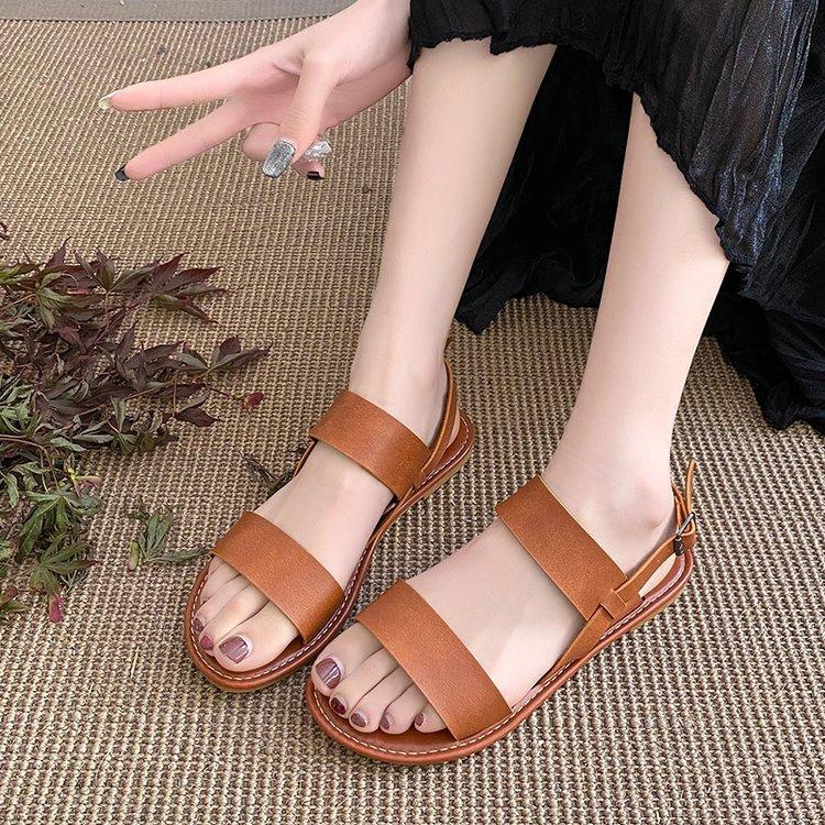 2025 Foreign Trade Retro Style Flat Bottom Buckle Sandals Women's One-word Buckle Belt Large Size Beach Cool Slippers Wish Source