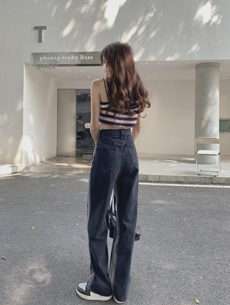Women's Black High-Waist Straight Wide-Leg Jeans - Spring/Summer 2022 Trendy Versatile Loose Fit