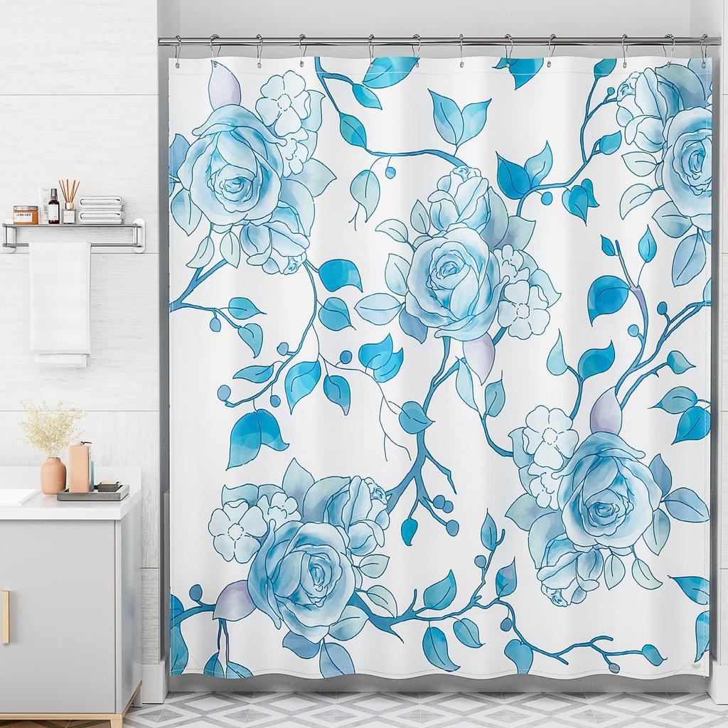 Blue Floral Shower Curtain Watercolor Flower Bath Curtain Polyester Fabric Waterproof Bathroom Curtains with Hooks Bath Screen