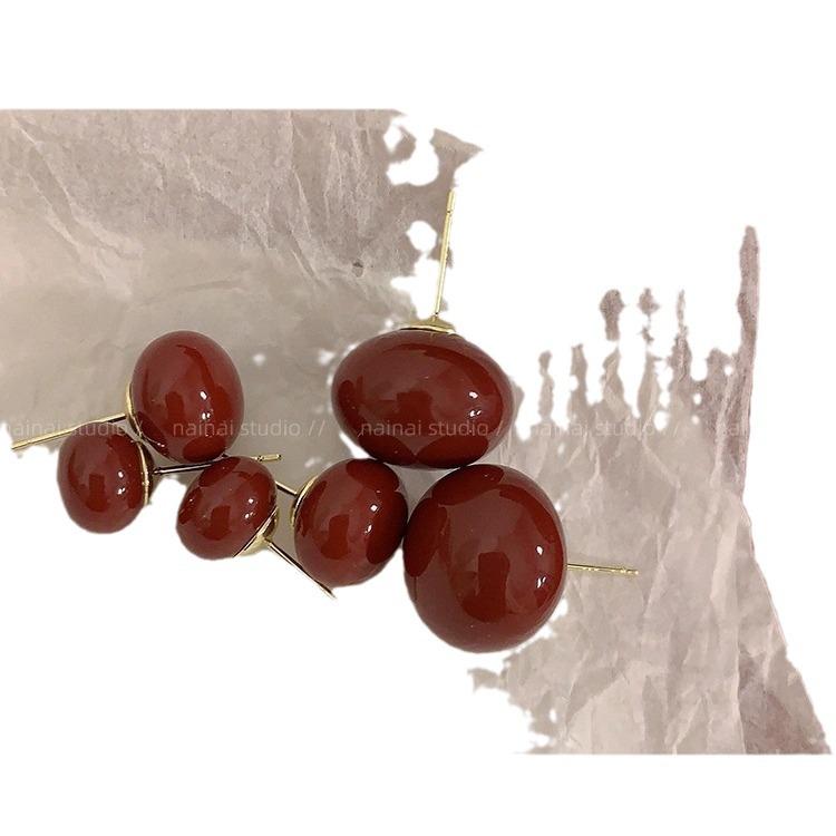 Steamed Bun Pearls: Autumn Wine Red Stud Earrings for Festive 2024 Celebrations