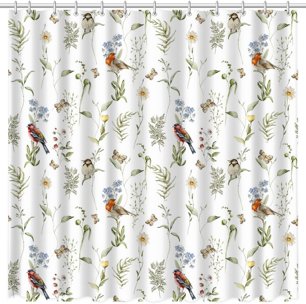 Frühlingsblumen Vögel Duschvorhänge Wilde Natur Gras Blätter Schmetterling Botanisch Wasserdicht Waschbarer Stoff Moderne Ästhetik