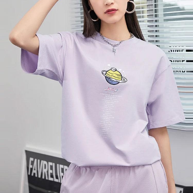 Li Ning Sports Fashion Series Printed Round Neck Loose Sports Short Sleeve T-Shirt Women Tops Moonlight-Purple AHSR144-3