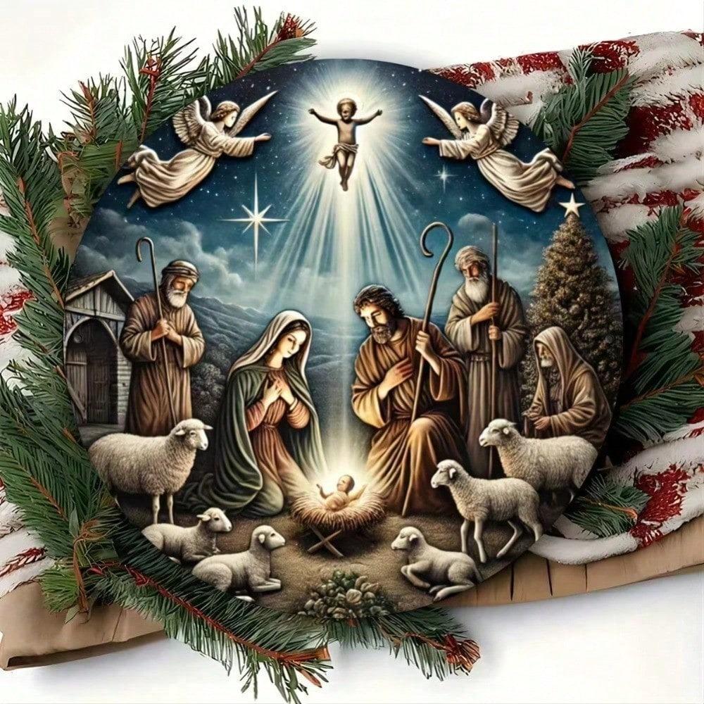 Metal Nativity Sign Christmas Wall Decor Embossed Holiday Art Living Room Bar Cafe