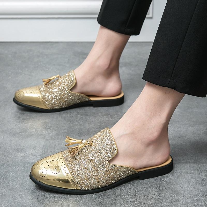 New Men Gold Black Half Slippers Driving Shoes Male Sequin Tassels Casual Mules Moccasins Breathable Loafers Zapatos Hombre