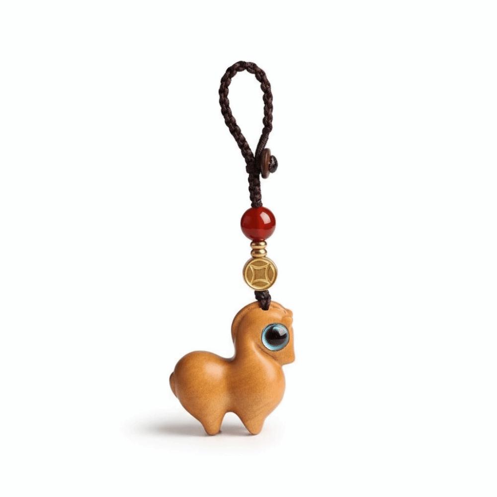 Pendentif de Sac Dessin Animé Bois de Santal Style Chinois Porte-Clés Cheval Mignon Unisexe