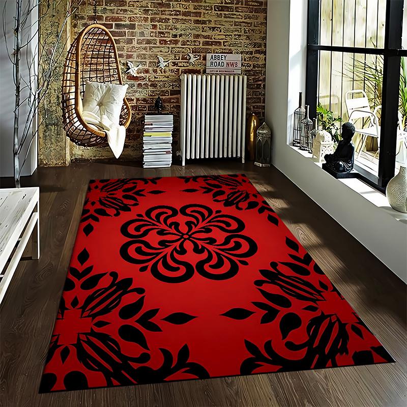 Red and Black Floral Pattern Carpet, Modern Decorative Room Rug Suitable for use as an anti-slip for living room bedroom sofas