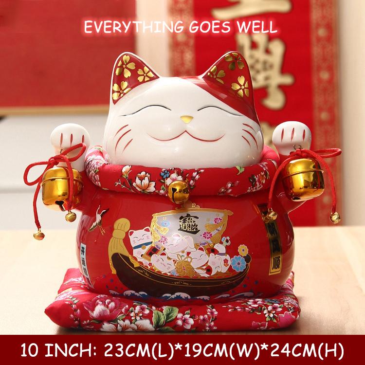 10 inch Ceramic Lucky Cat Money Bank Maneki Neko Fortune Cats Porcelain Happy Smiling Cat Figures Feng Shui Decor Ornament