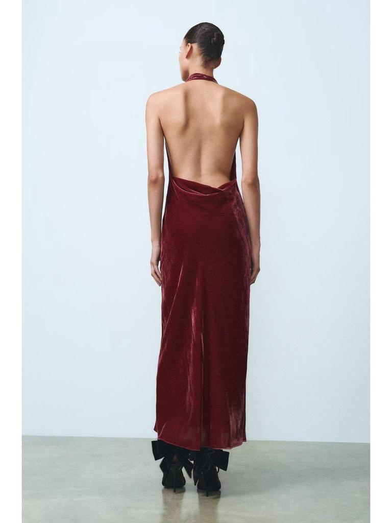 Velvet Halter Neck Backless A-line Midi Dress - Spring & Autumn Women's European Style