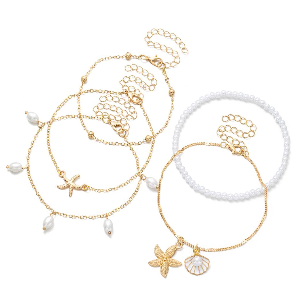 Ocean Style Five-Layer Anklet Set, Gold Starfish and Shell Pendants with Faux Pearl Beaded Anklets, Beach Vacation Accessories