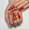 Red Maple Leaf Rhinestone Glitter Press-on Nails - Long White-enhancing Tips