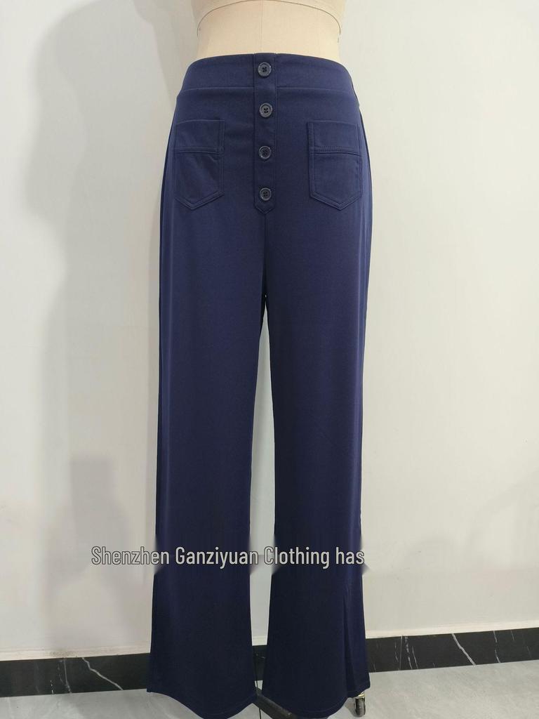 2024 Women's High-Waist Casual Straight Pants with Elastic Belt & Multiple Pockets