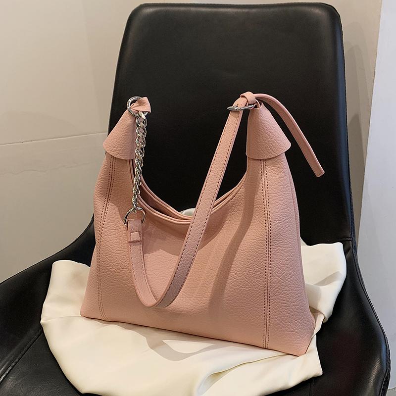 Fashionable Solid Color Female One Shoulder Bag Pu Leather Popular Textured Chains All-Matched Women Underarm Pack For Shopping