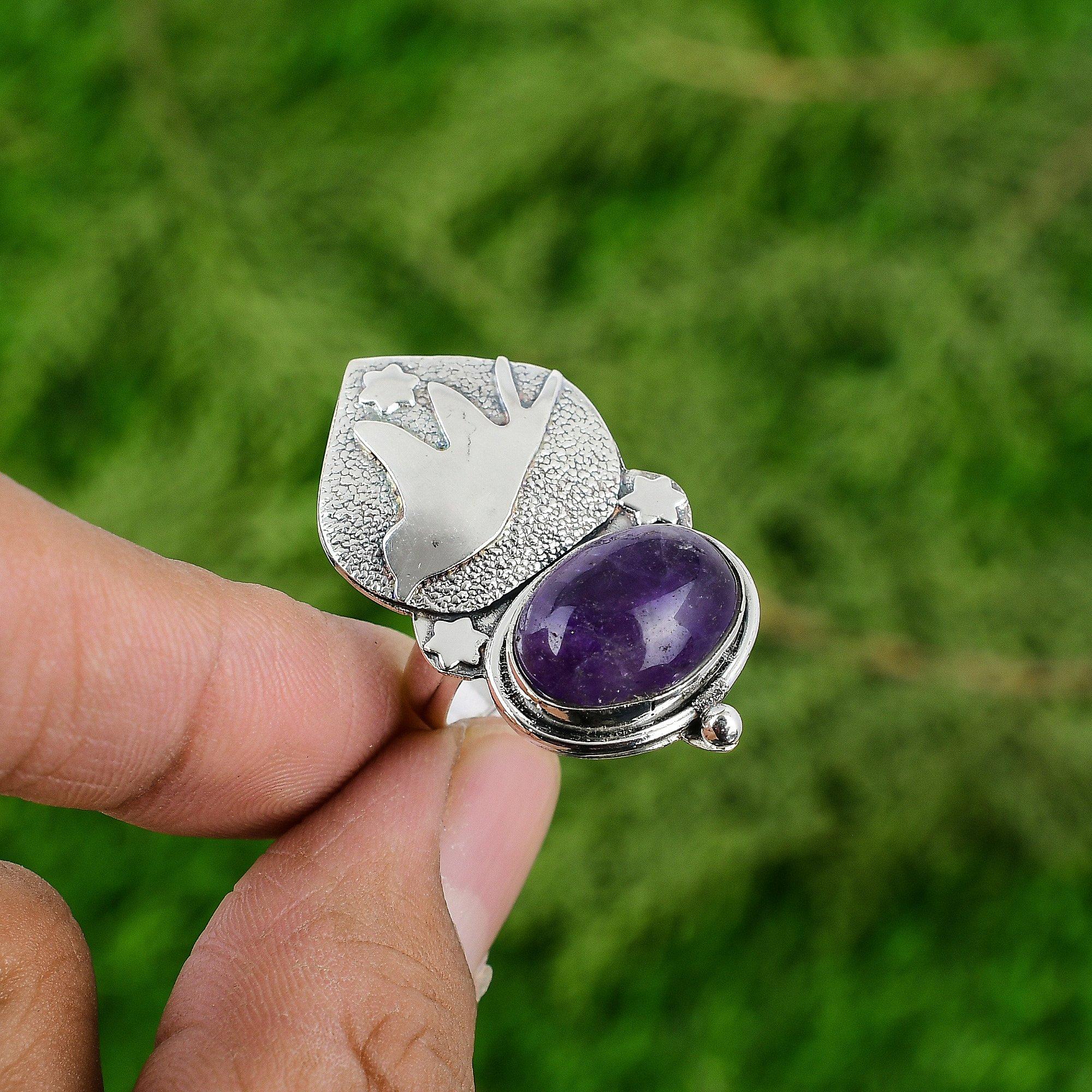 

Womens day Deal 925 Silver Oval Natural African Amethyst Bird Solitaire New Ring Adjustable