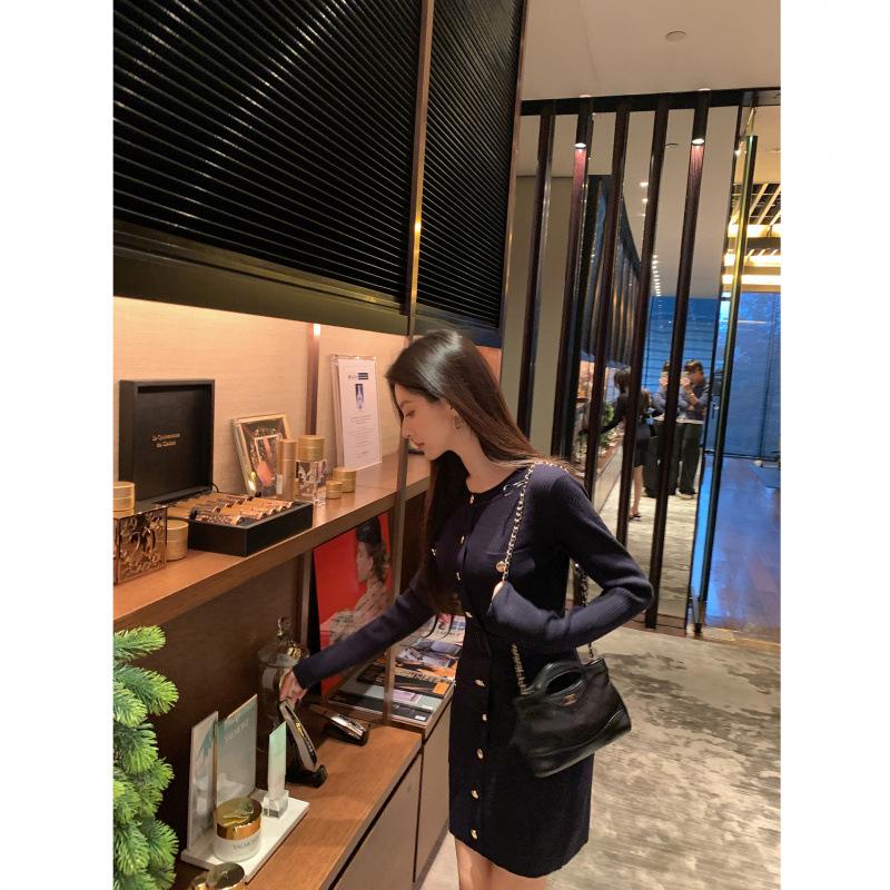 Retro Elegant Autumn Winter Bodycon Knit Dress - Slimming Light Luxury Style Large темно-синий