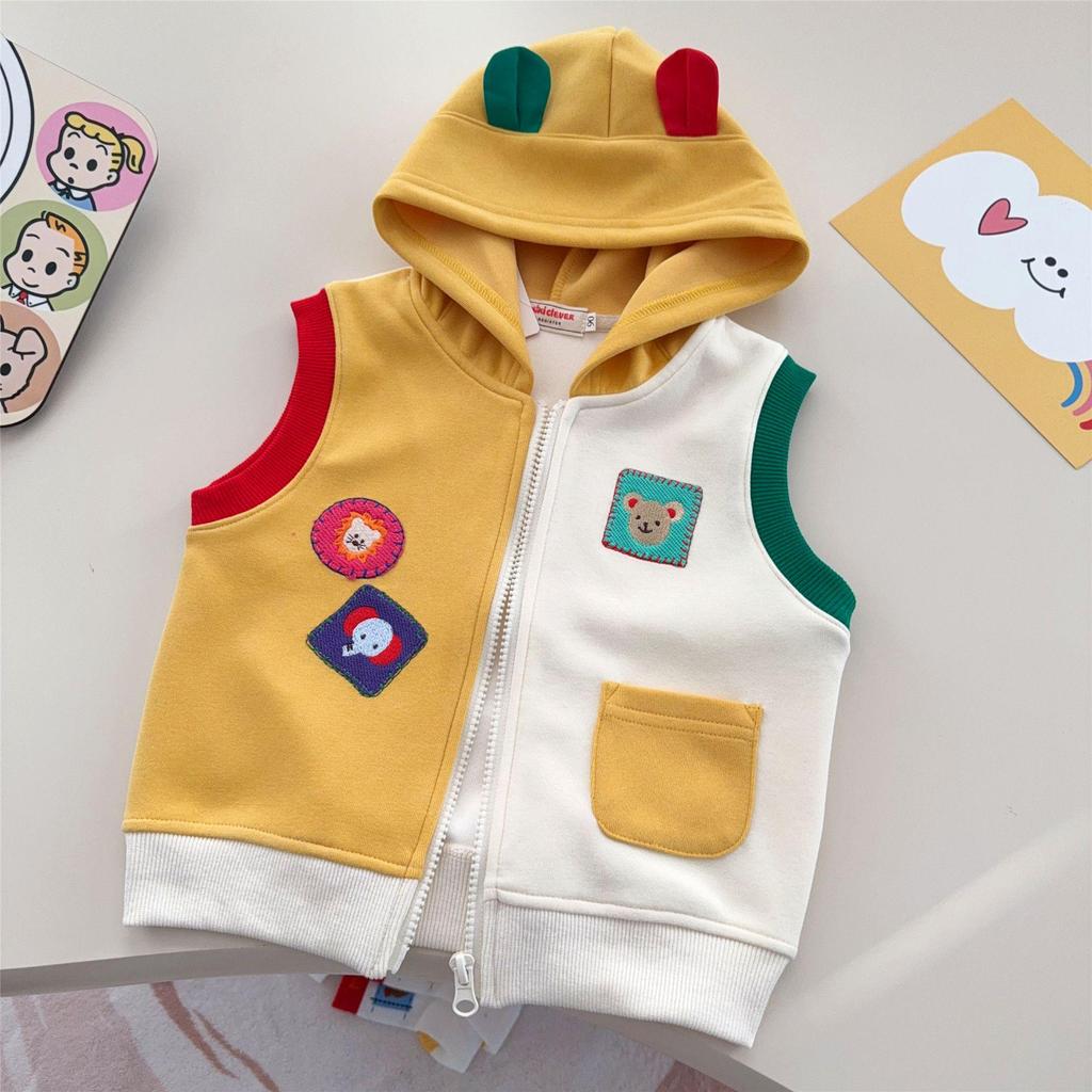 Jimo 2026 Spring Unisex Cartoon Bear Hooded Vest for Kids