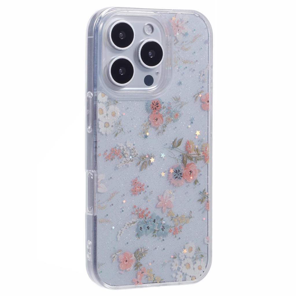 For iPhone 16 Pro Case Glitter Flower Epoxy Shockproof Phone Cover