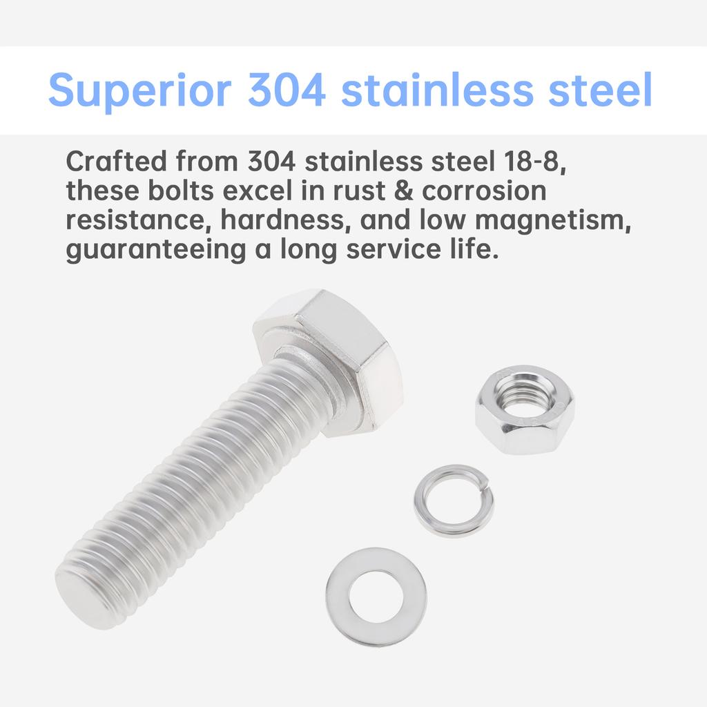 10 Pcs 304 Stainless Steel M8 x 30mm Hex Bolt Set, Fully Threaded Hex Screws with Flat Washer, Spring Washer and Matching Nuts