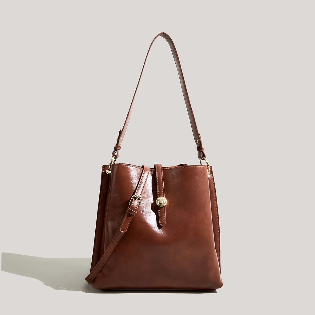 PU Leather Women Single Shoulder Bag Solid Large Capacity Office Ladies Bucket Bag Korean Vintage Classic Female Handbag