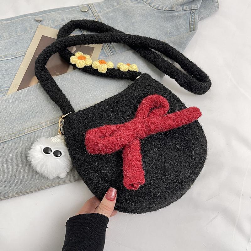 Macaron plush oval cute autumn new bag small crossbody shoulder backpack bow mobile phone bag