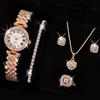 Cantitate mare Ceas de damă la modă Cercei cristal 6 buc. colier cu diamante brăţară cu model romanesc set de ceasuri pentru femei inel cu ceas cu quartz