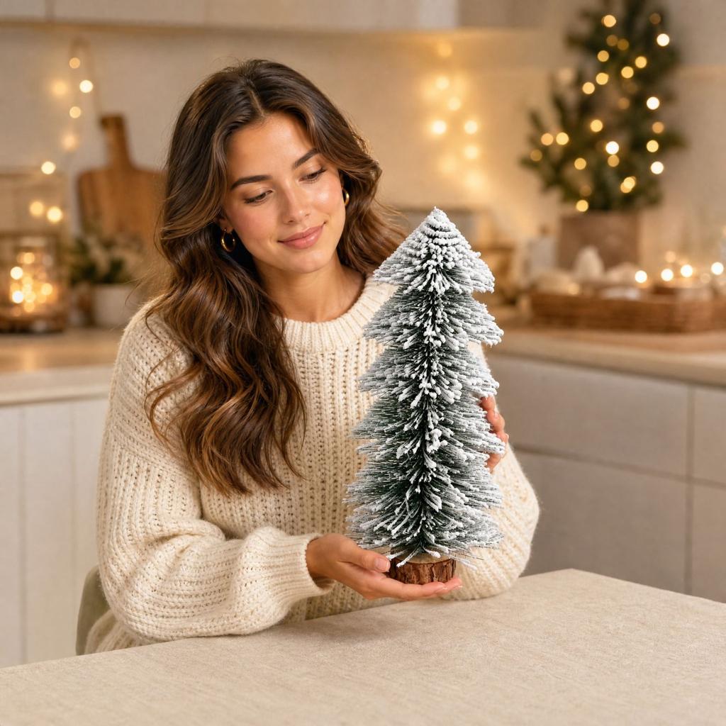 Tabletop Flocked Artificial Cedar Christmas Tree, Tower-Shaped Tree with Needles and Wooden Base