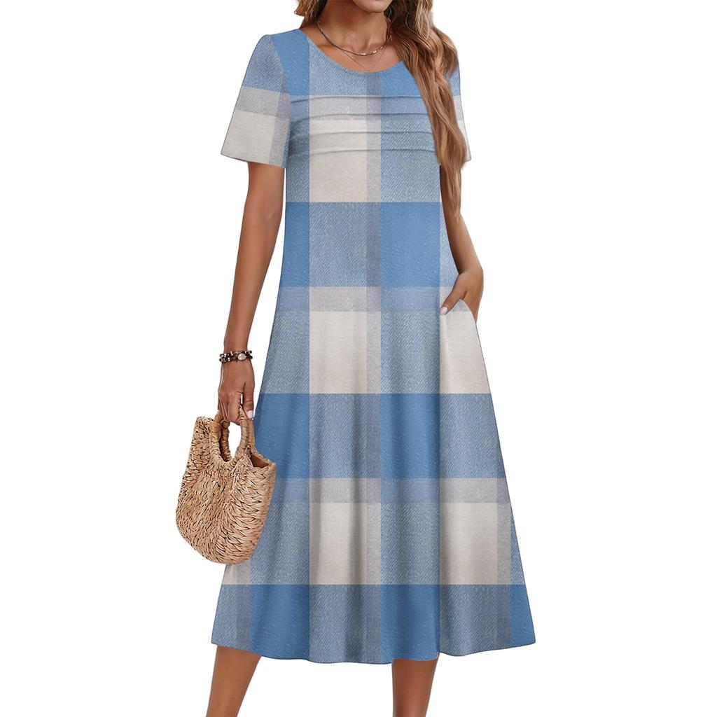 Ladies' Plaid Printed Casual And Fashionable Short Sleeved Round Neck Dress
