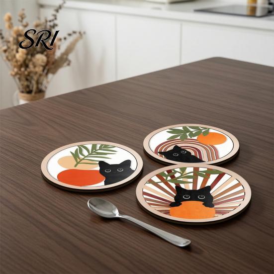 Cute Cat Design Coaster 4Pcs Healing Black Wooden Coaster, Creative Heat Insulation Bright Color Mat, Anti Slip Thickened Desk Protector for