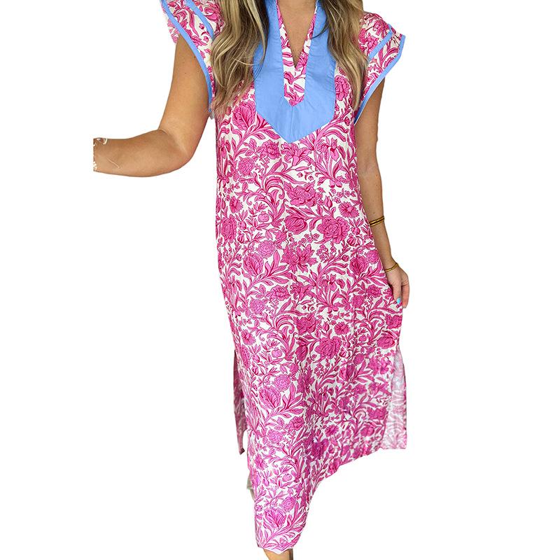 Women s Floral V-Neck Short-Sleeve Long Dress - Summer 2026 European & American Style S
