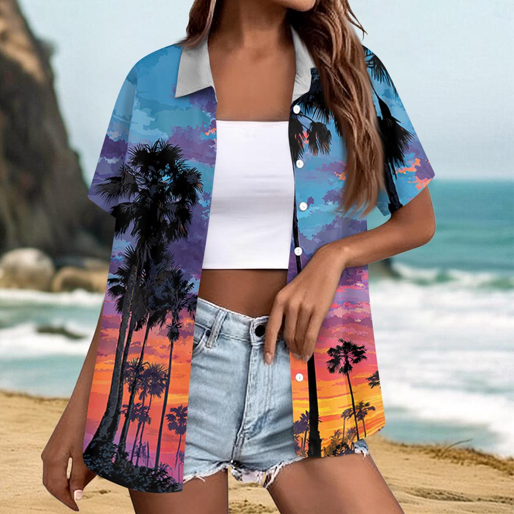 Women's fashionable casual Hawaiian print short-sleeved button-down collar shirt top