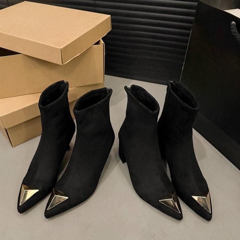 Vintage Stiletto Booties Fashion Pointed Toe Metal Trim Suede Rear Zip Anti-Slip Wear-Resistant Pumps