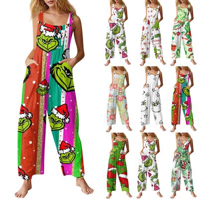 Women's Fashion Christmas  Print Casual Retro Sleeveless Button Jumpsuit