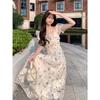 Floral dress women's bubble long dress summer French waist gentle sweet vacation first love skirt super fairy