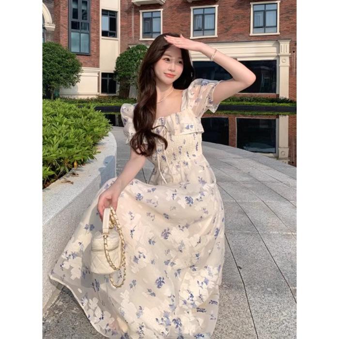 Floral dress women's bubble long dress summer French waist gentle sweet vacation first love skirt super fairy