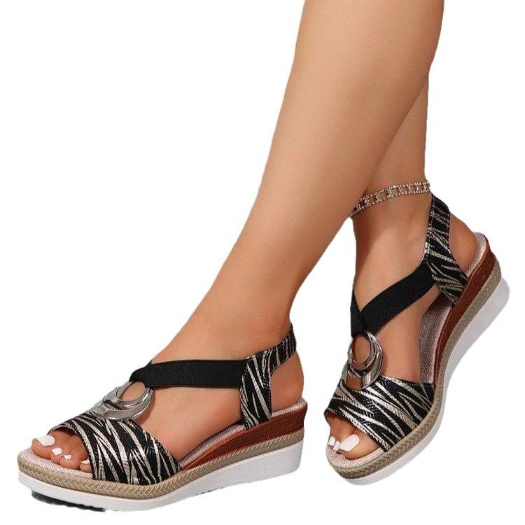 Summer New Slope Heel Sandals Foreign Trade Large Size Fish Mouth Sandals Metal Buckle Hemp Rope Bottom Spot Beach Sandals