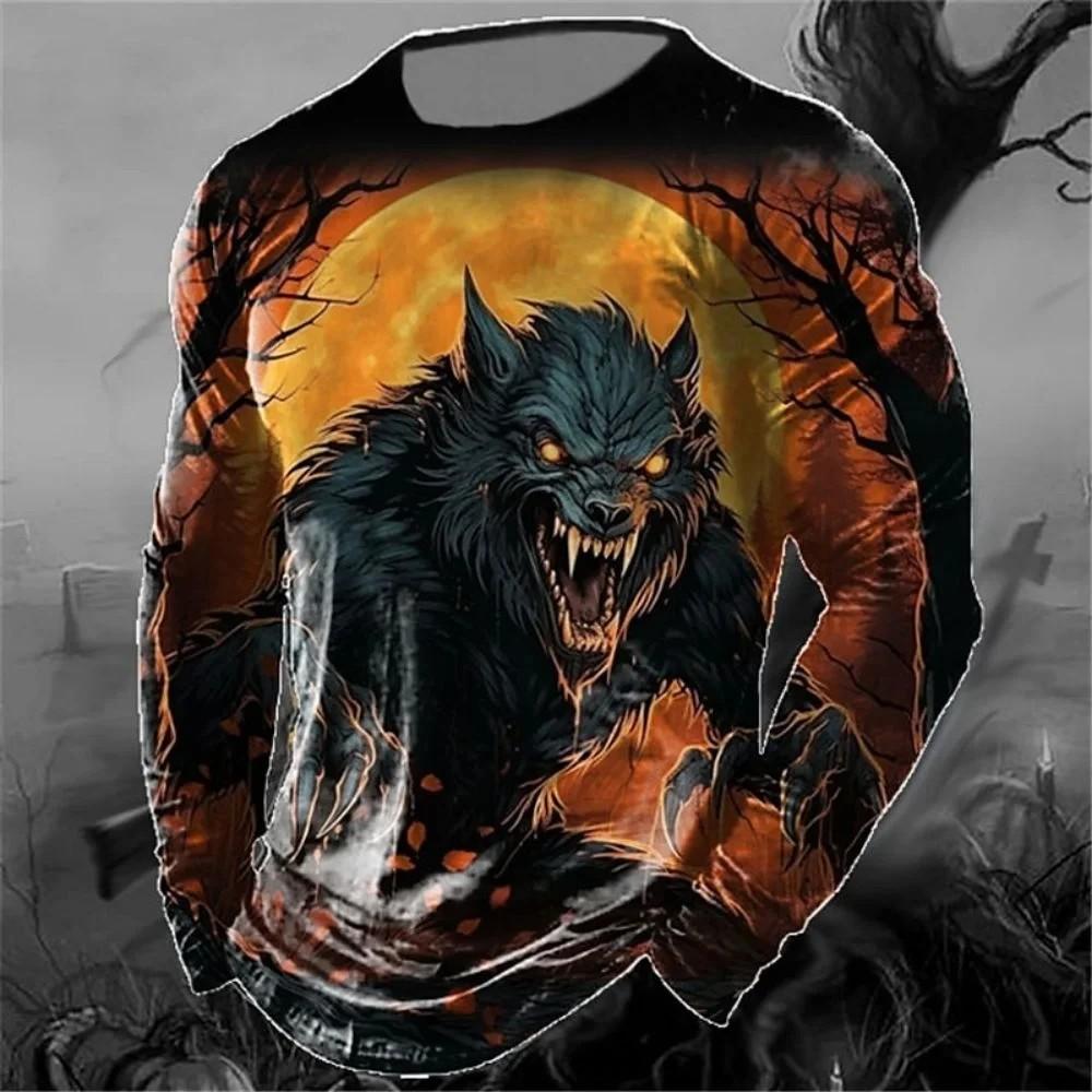 Men's Spring And Autumn Personality Retro Animal Wolf 3d Printed Round Neck Long Sleeve T-Shirt Casual Loose Breathable Jumper