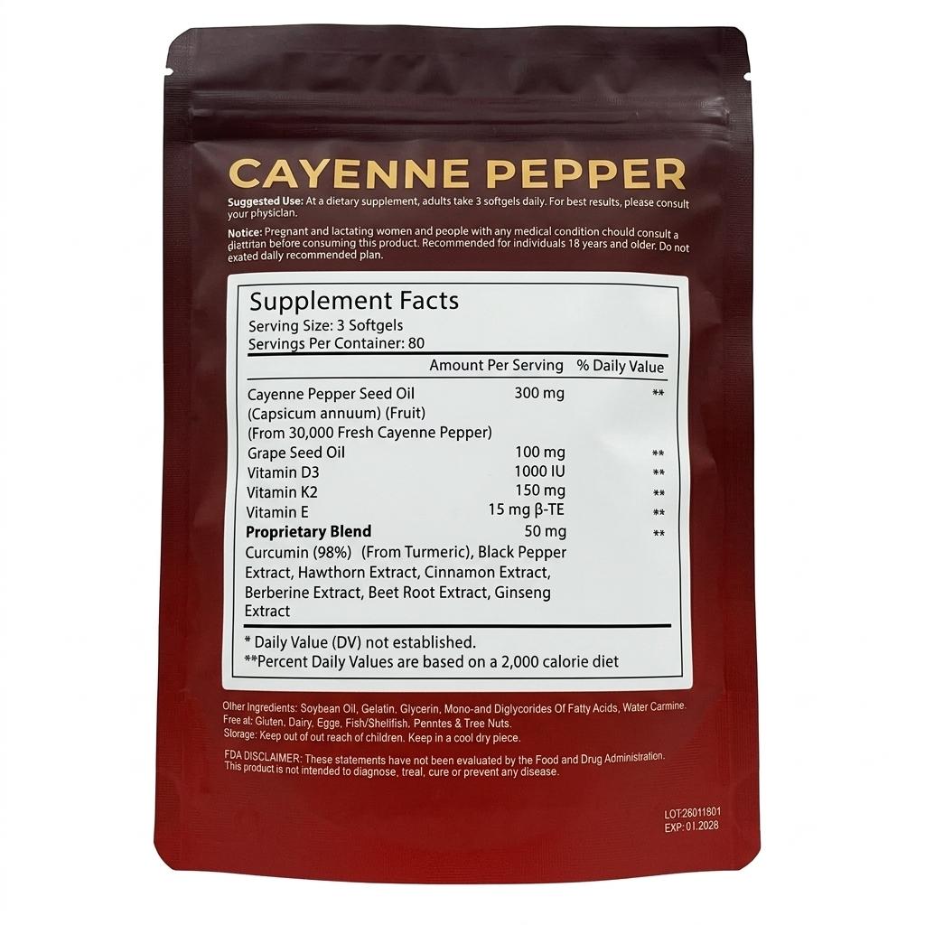 Formula Premium per il Supporto di Cuore e Vasi Sanguigni – Complesso di Peperoncino di Caienna con D3+K2, Curcuma e Berberina (240 Capsule Morbide, Miscela Erboristica 12-in-1)