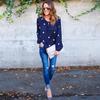 Versatile Woman O Neck Long Sleeve Casual Polka Dot Blue Bodycon Shirt Blouse For Any Occasion