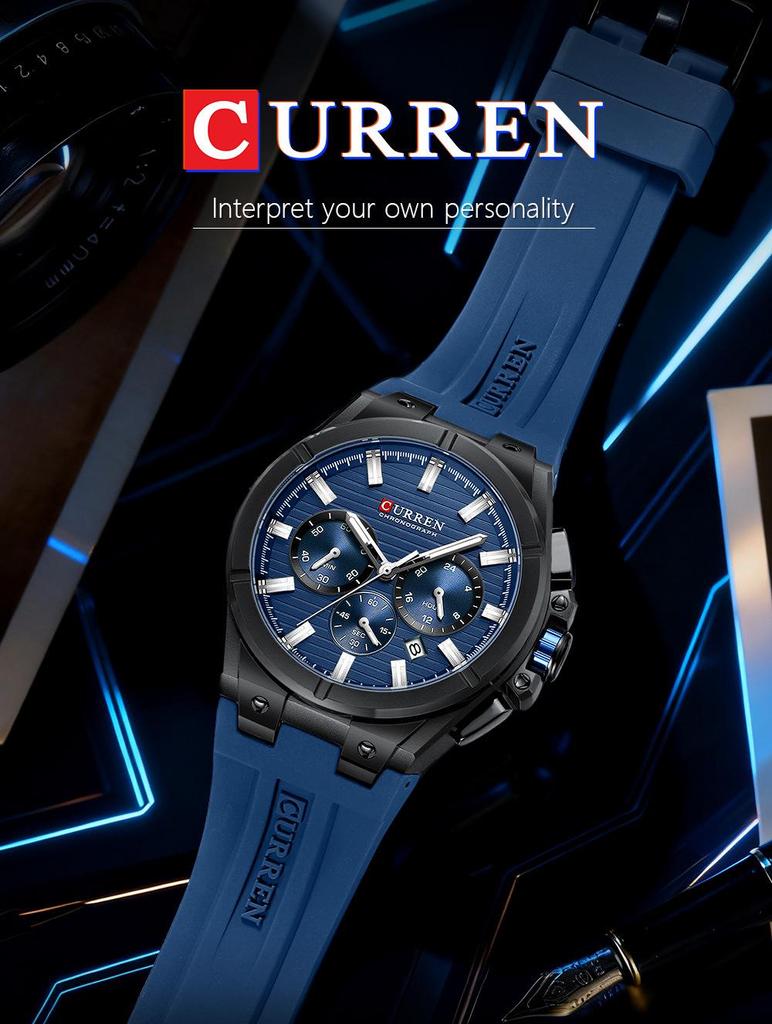 CURREN 8487 Men's Six-Hand Chronograph Quartz Sport Watch with Rubber Strap