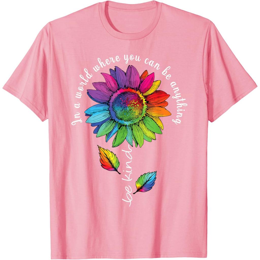 Rainbow Sunflower Be Kind Autism Awareness Graphic Tee Casual Cotton T-Shirt Unisex