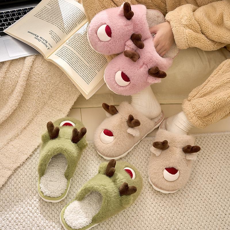 Cartoon elk horn fluffy slippers 2025 new autumn and winter indoor home non-slip can be worn outside warm cotton slippers