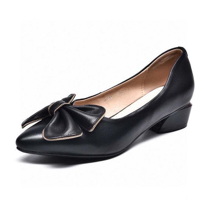 Pointed women's single shoes spring new comfortable first layer cowhide low heel shallow mouth women's shoes bow women's flats