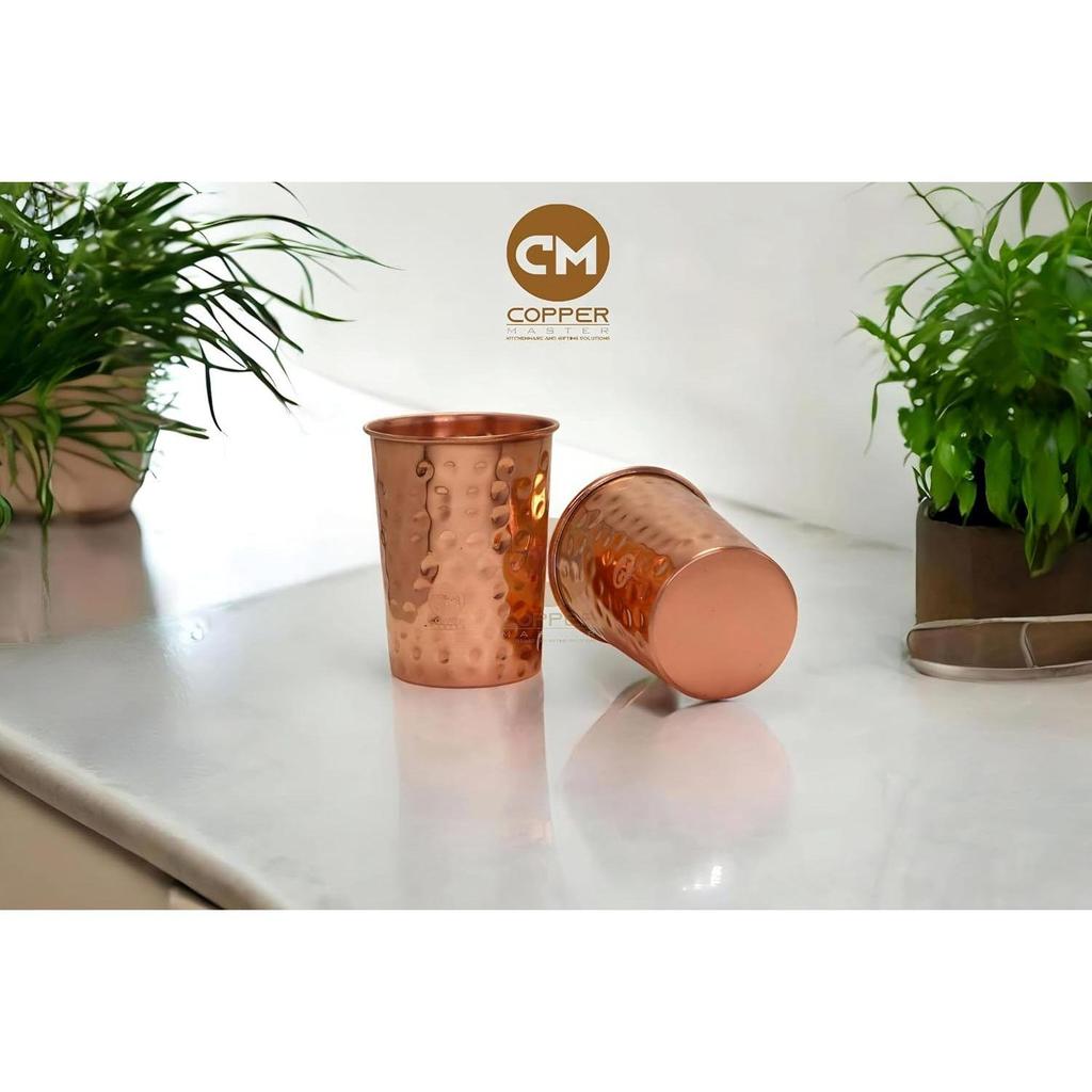 Pure Copper Glass Tumbler Food Grade Copper Ayurvedic Health Benefits Handmade Drinkware for Water Juice and Detox Drinks (Set of 2)