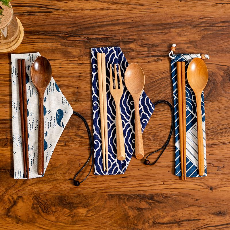 Portable Wooden Cutlery Set: Chopsticks, Fork, Spoon with Cloth Bag for Outdoor Travel