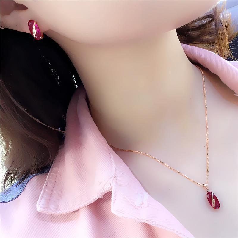 Purple Gold Inlaid Oval Redstone Earrings, Simple Light Luxury Temperament Rose Gold Egg Surface Stud Earrings