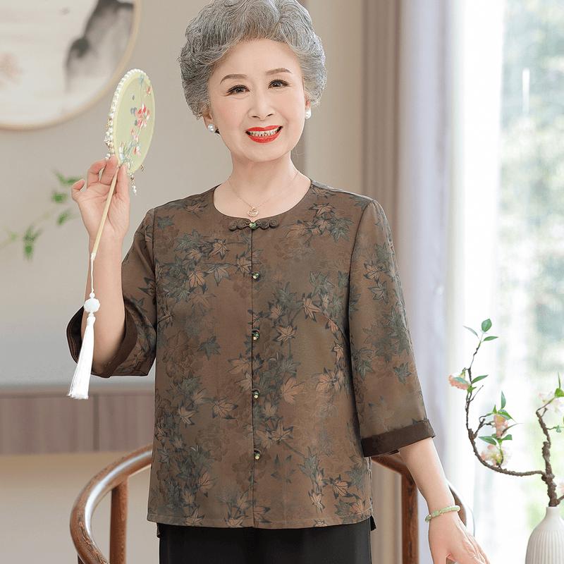 Yuzhaolin Women s Maple Leaf Print Disc Button Three-Quarter Sleeve Shirt L коричневый