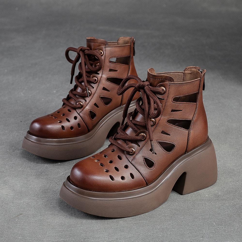 Johnature Retro Genuine Leather Thick Sole Lace-up Roman Sandals 2023 Summer New Round Toe Hollowed Out Thick Heeled Women Shoes